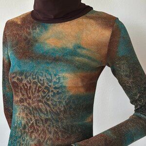 Roberto Cavalli Vintage Lurex Turtleneck Top – Metallic Floral Stretch Mesh